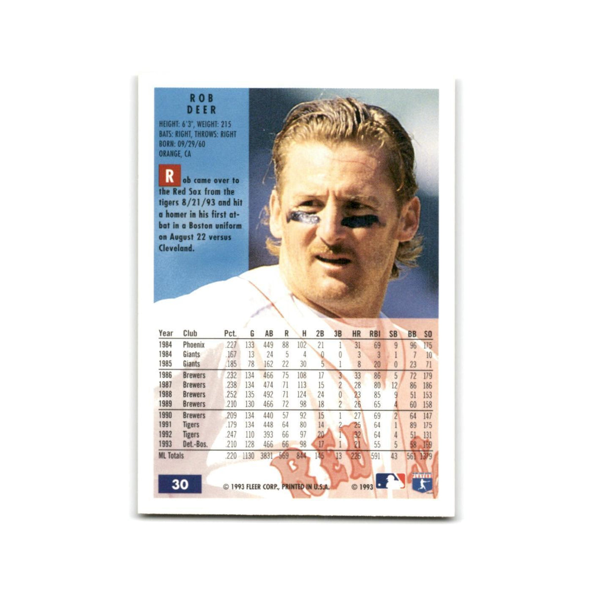 Rob Deer 1994 Fleer #30 Boston Red Sox Baseball Card NM