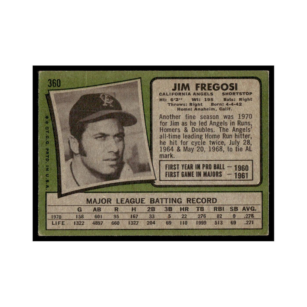 1971 Topps Baseball Card (Damaged) Jim Fregosi Angels #360