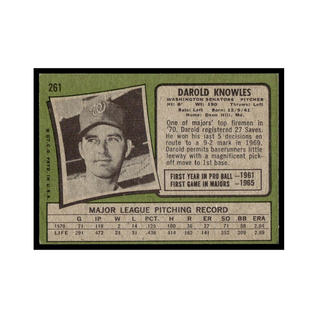 1971 Topps Baseball Card (Damaged) Darold Knowles Washington Senators #261