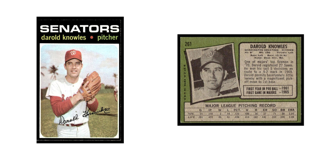 1971 Topps Baseball Card (Damaged) Darold Knowles Washington Senators #261