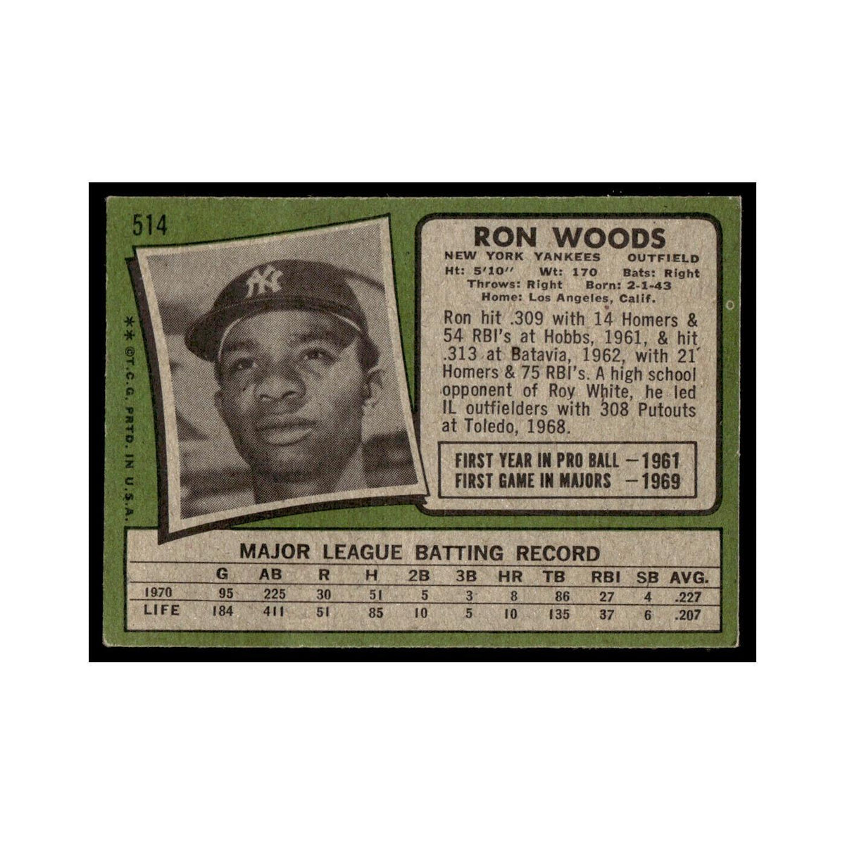 1971 Topps Baseball Card (Damaged) Ron Woods Yankees #514
