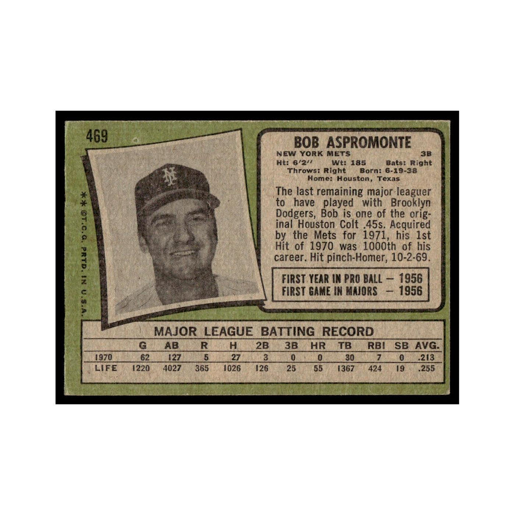 1971 Topps Baseball Card (Damaged) Bob Aspromonte Mets #469