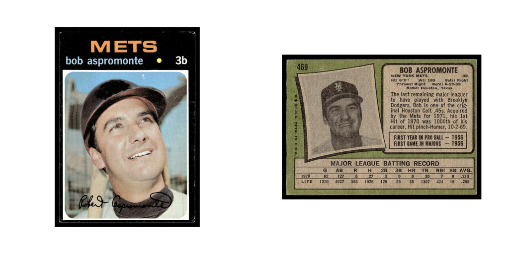 1971 Topps Baseball Card (Damaged) Bob Aspromonte Mets #469