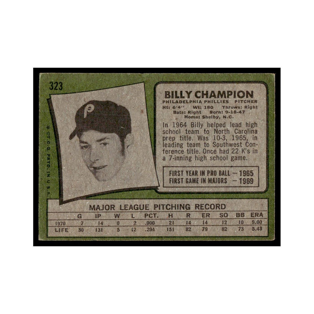 1971 Topps Baseball Card (Damaged) Billy Champion Phillies #323