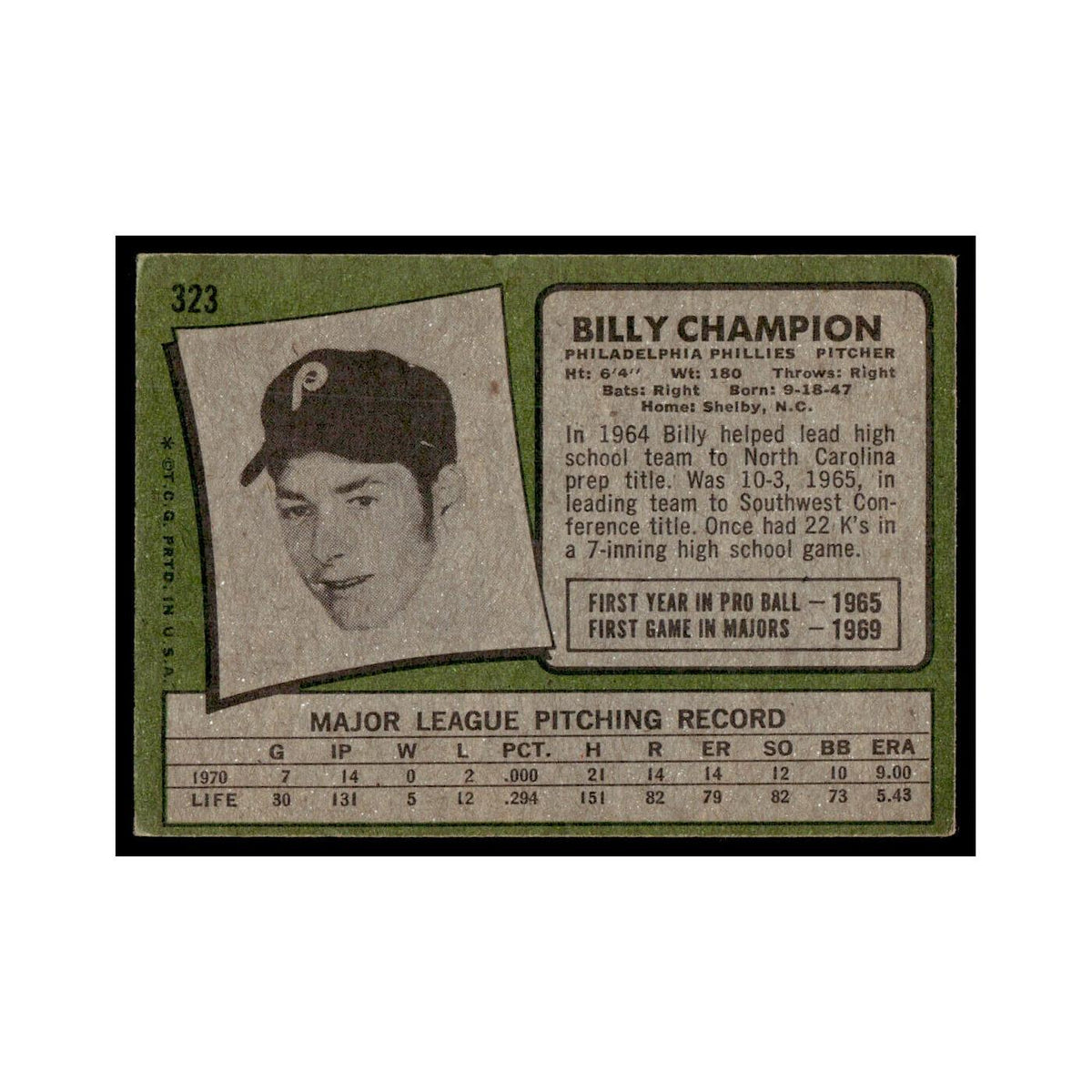 1971 Topps Baseball Card (Damaged) Billy Champion Phillies #323