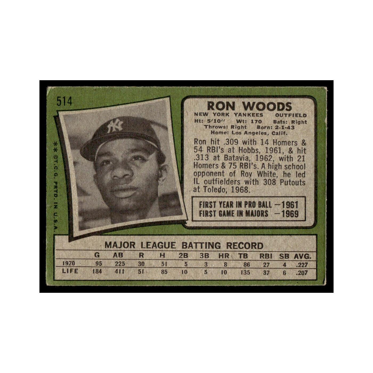 1971 Topps Baseball Card (Damaged) Ron Woods Yankees #514