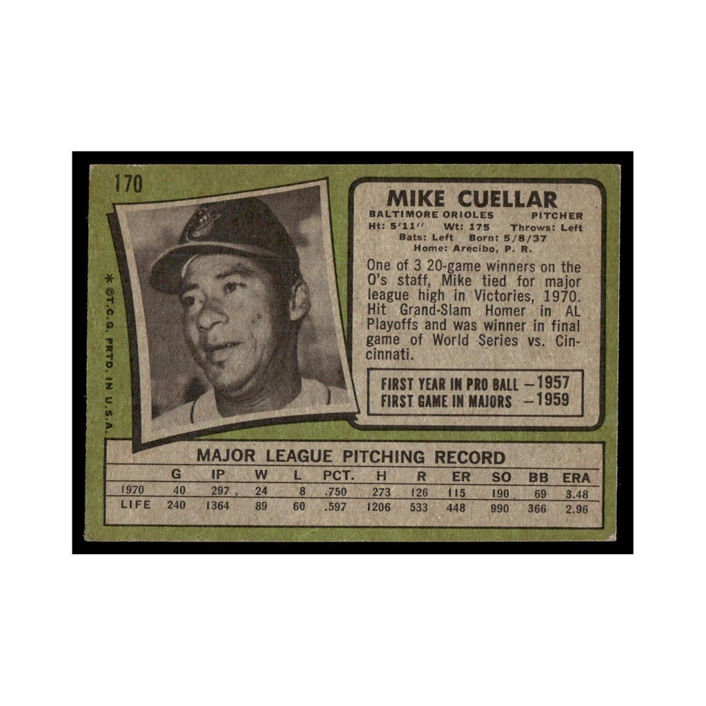 1971 Topps Baseball Card (Damaged) Mike Cuellar Orioles #170
