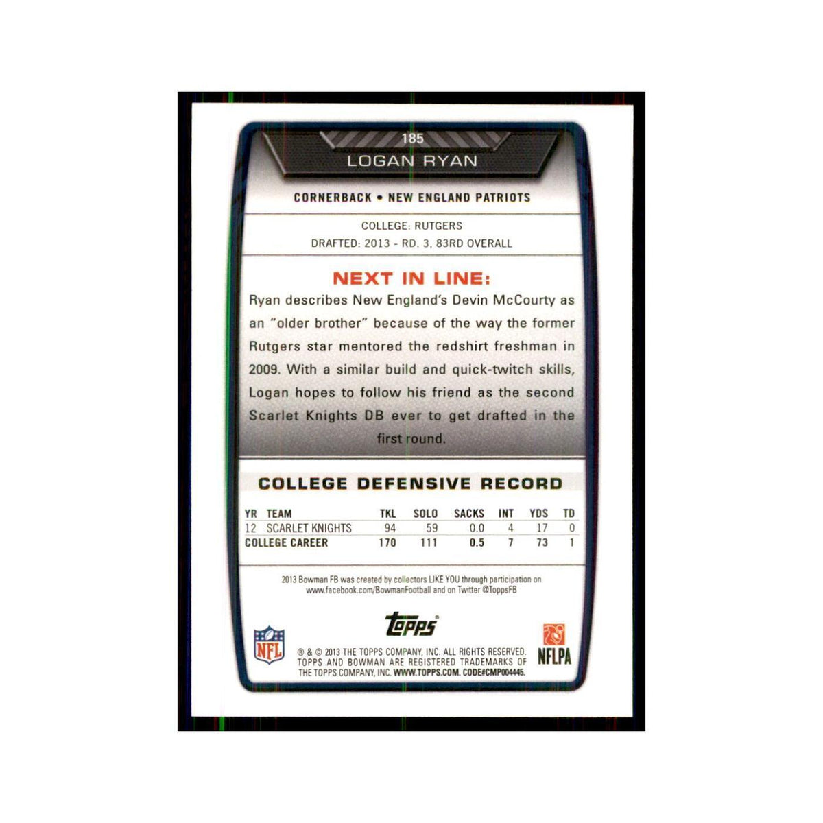 2013 Bowman Logan Ryan RC Football Cards #185