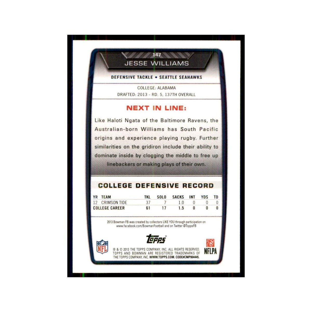 2013 Bowman Jesse Williams RC Football Cards #147