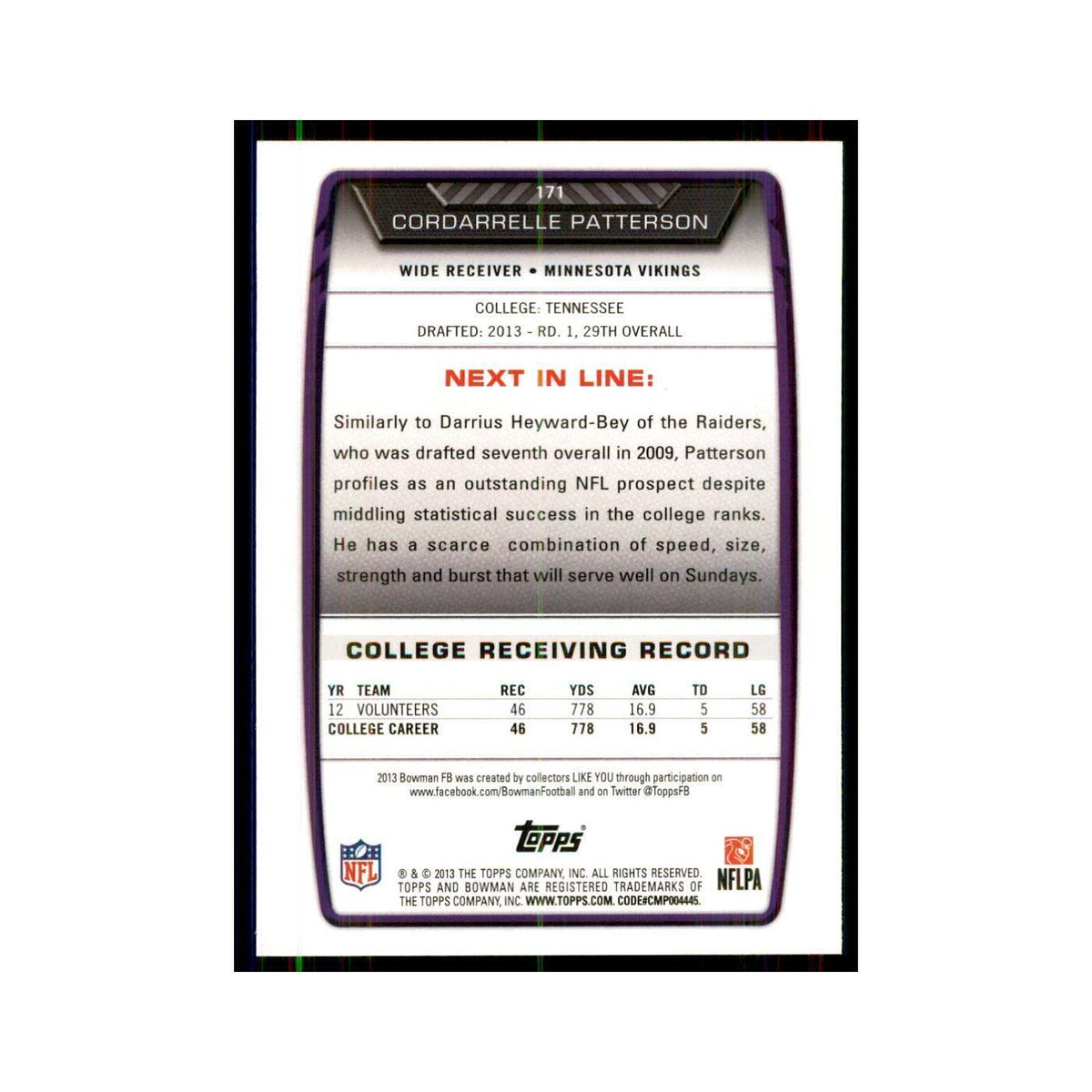 2013 Bowman Cordarrelle Patterson RC Football Cards #171