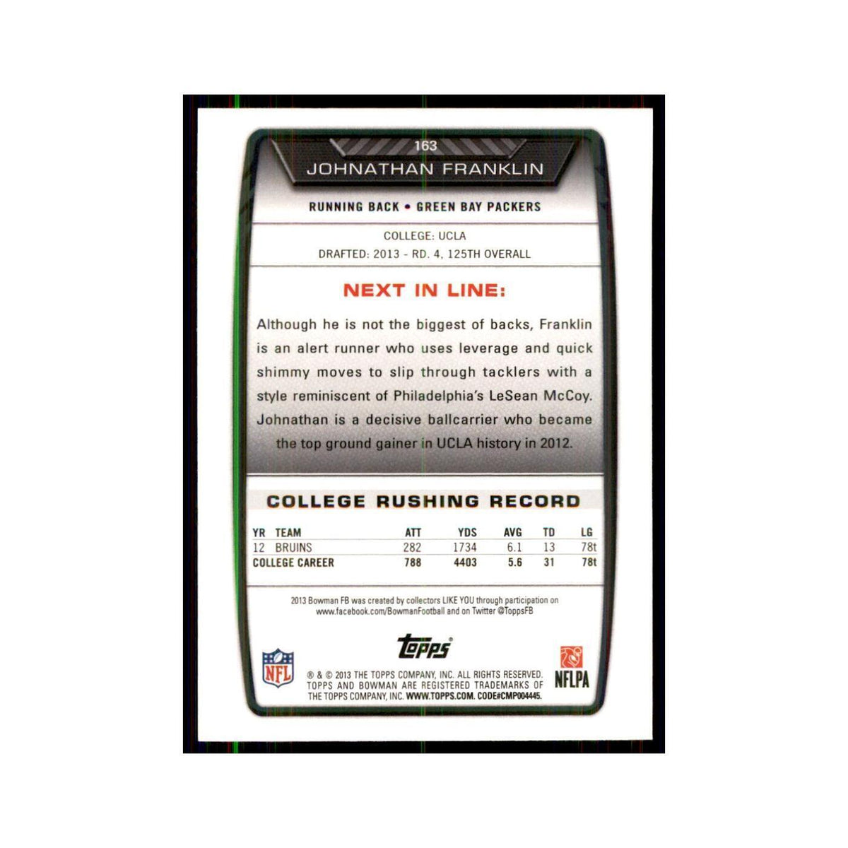 2013 Bowman Johnathan Franklin RC Football Cards #163