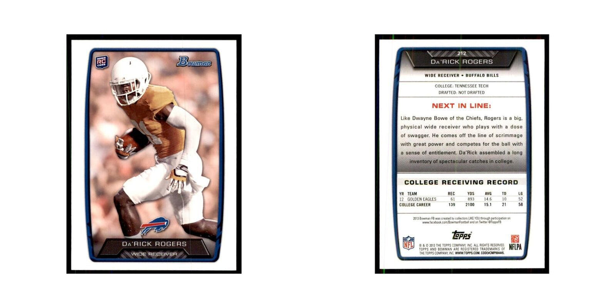 2013 Bowman Da'Rick Rogers RC Football Cards #212
