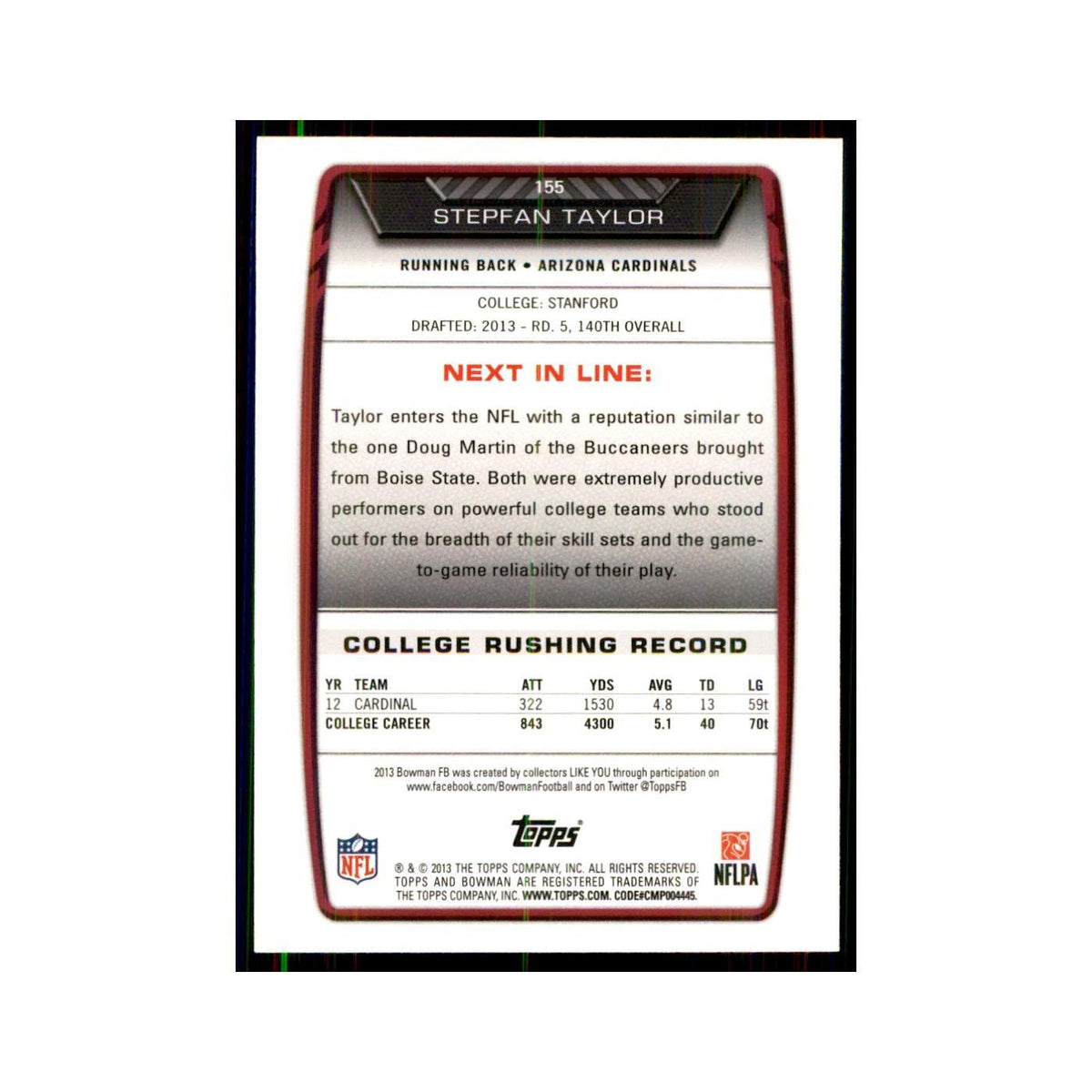 2013 Bowman Stepfan Taylor RC Football Cards #155