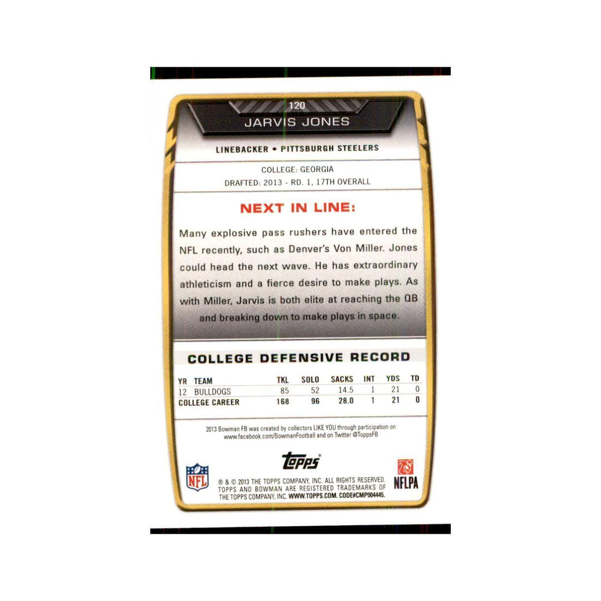 2013 Bowman Jarvis Jones RC Football Cards #120