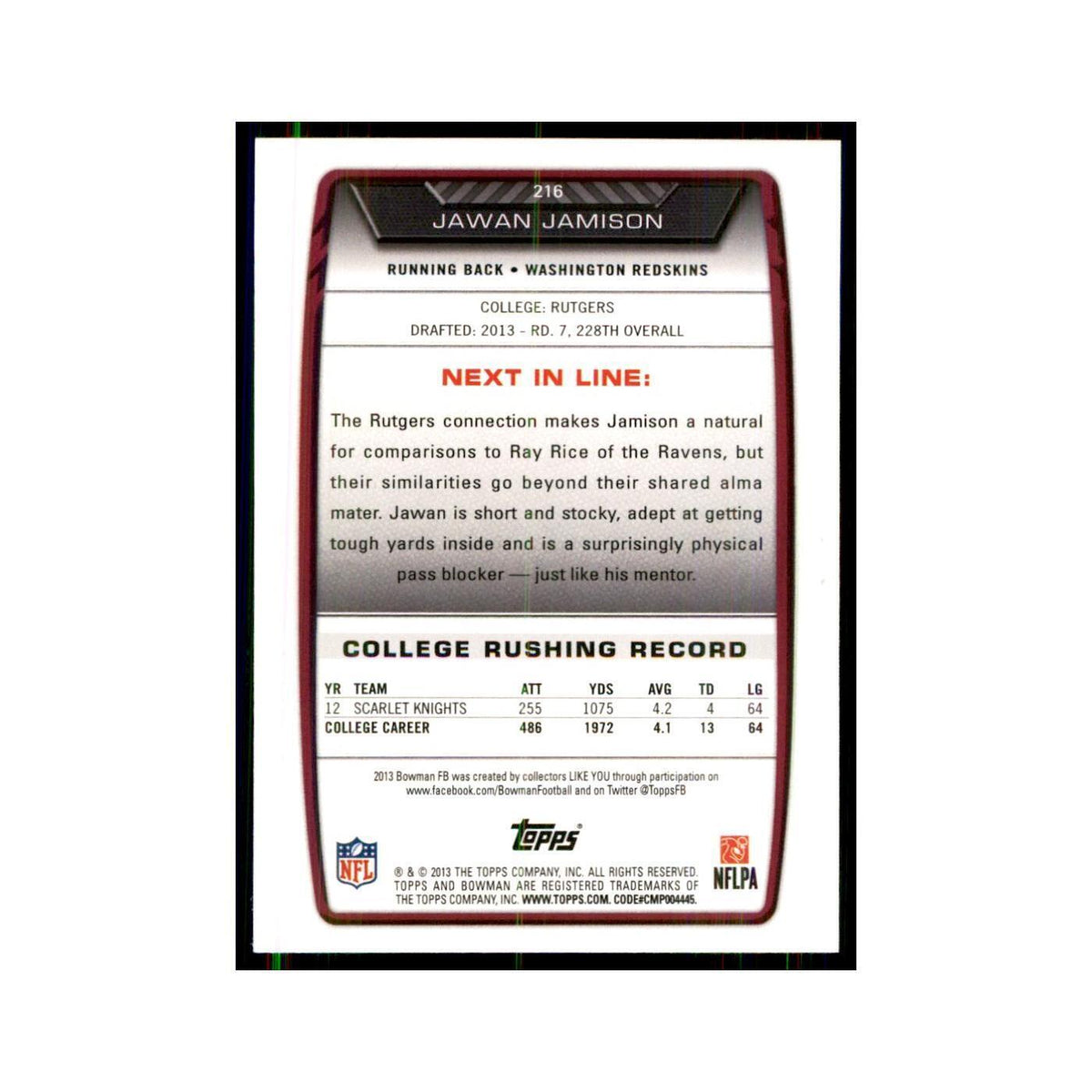 2013 Bowman Jawan Jamison RC Football Cards #216