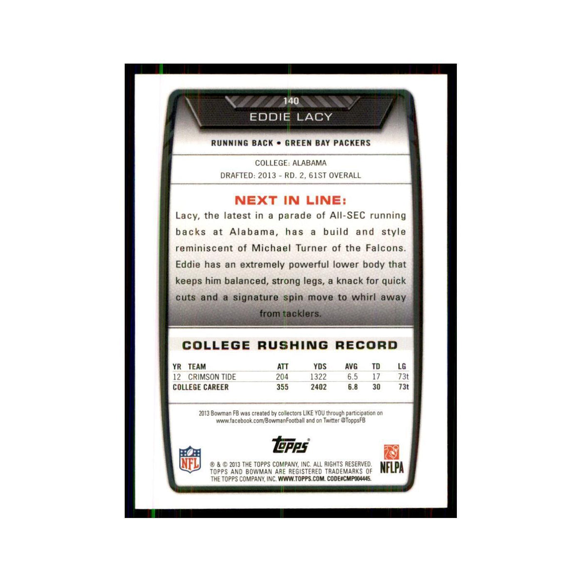 2013 Bowman Eddie Lacy RC Football Cards #140