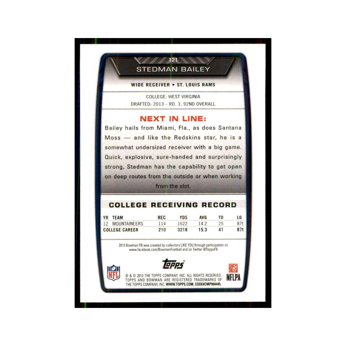 2013 Bowman Stedman Bailey RC Football Cards #121