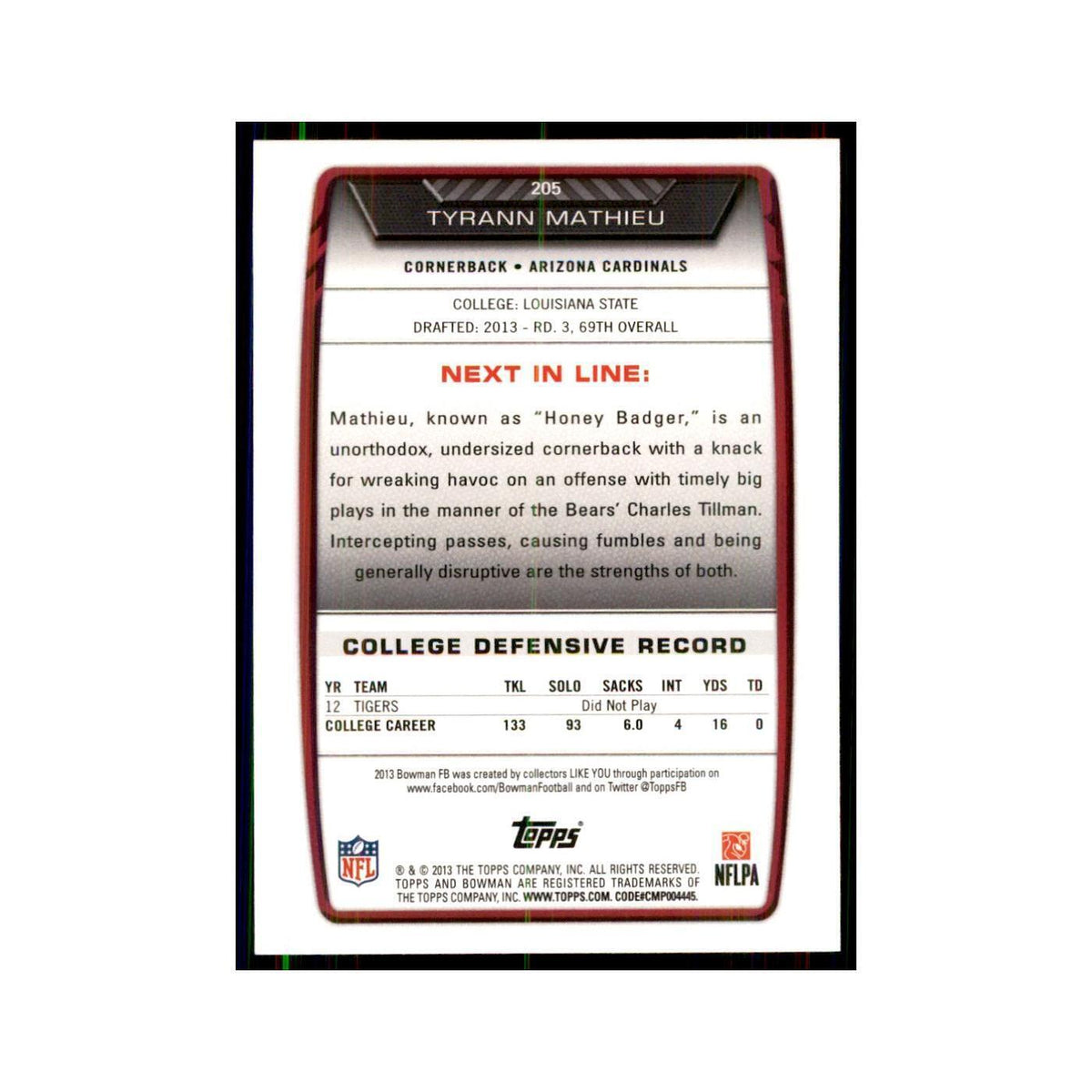 2013 Bowman Tyrann Mathieu RC Football Cards #205