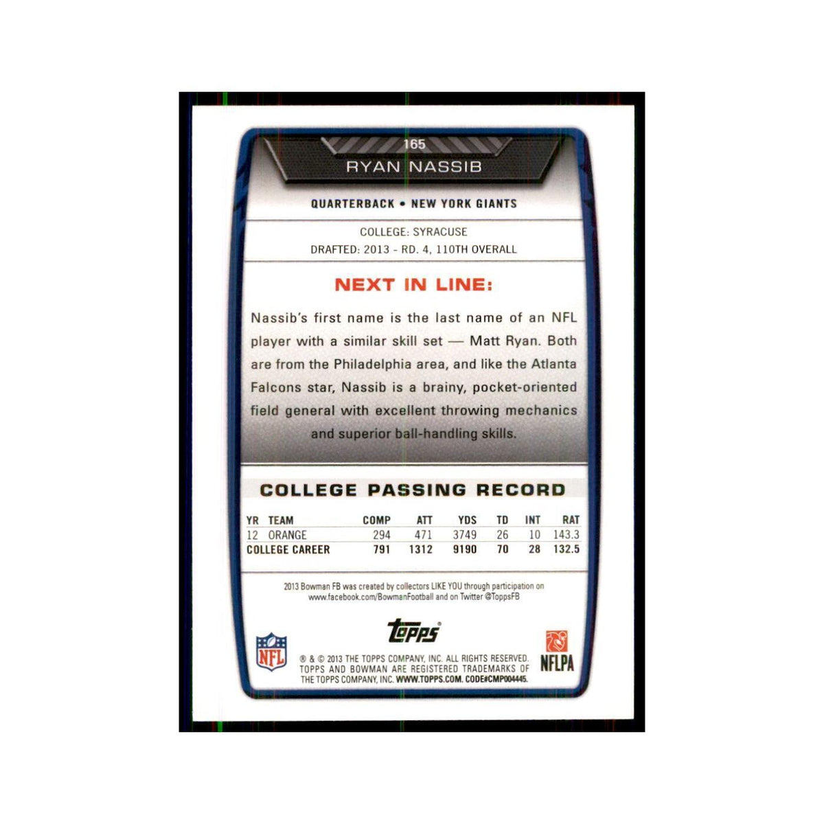2013 Bowman Ryan Nassib RC Football Cards #165
