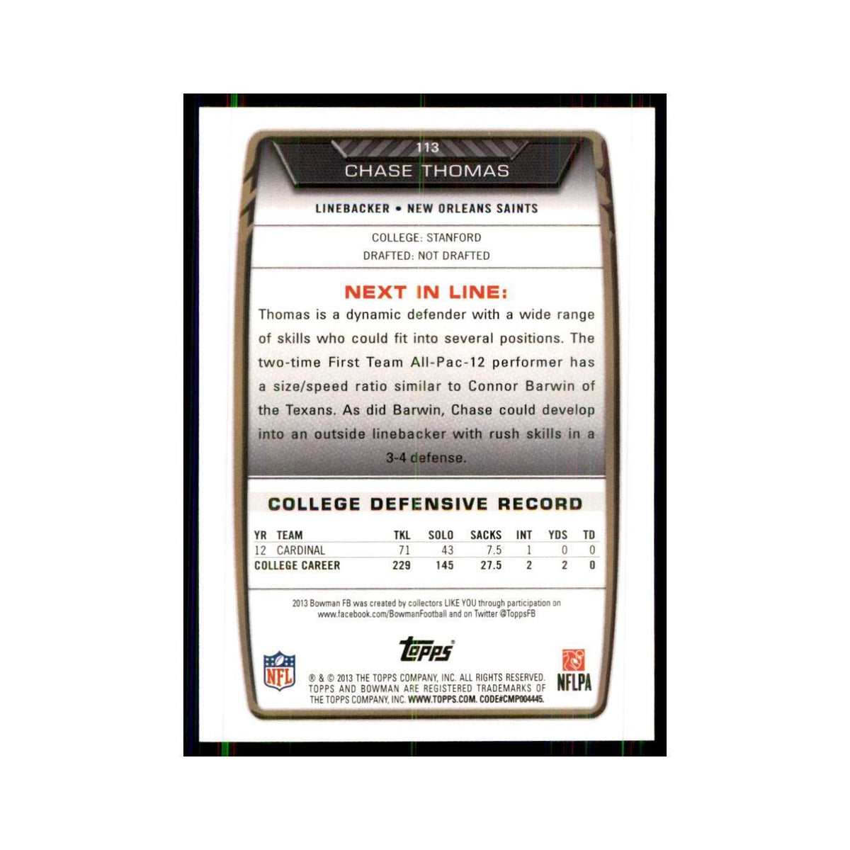 2013 Bowman Chase Thomas RC Football Cards #113