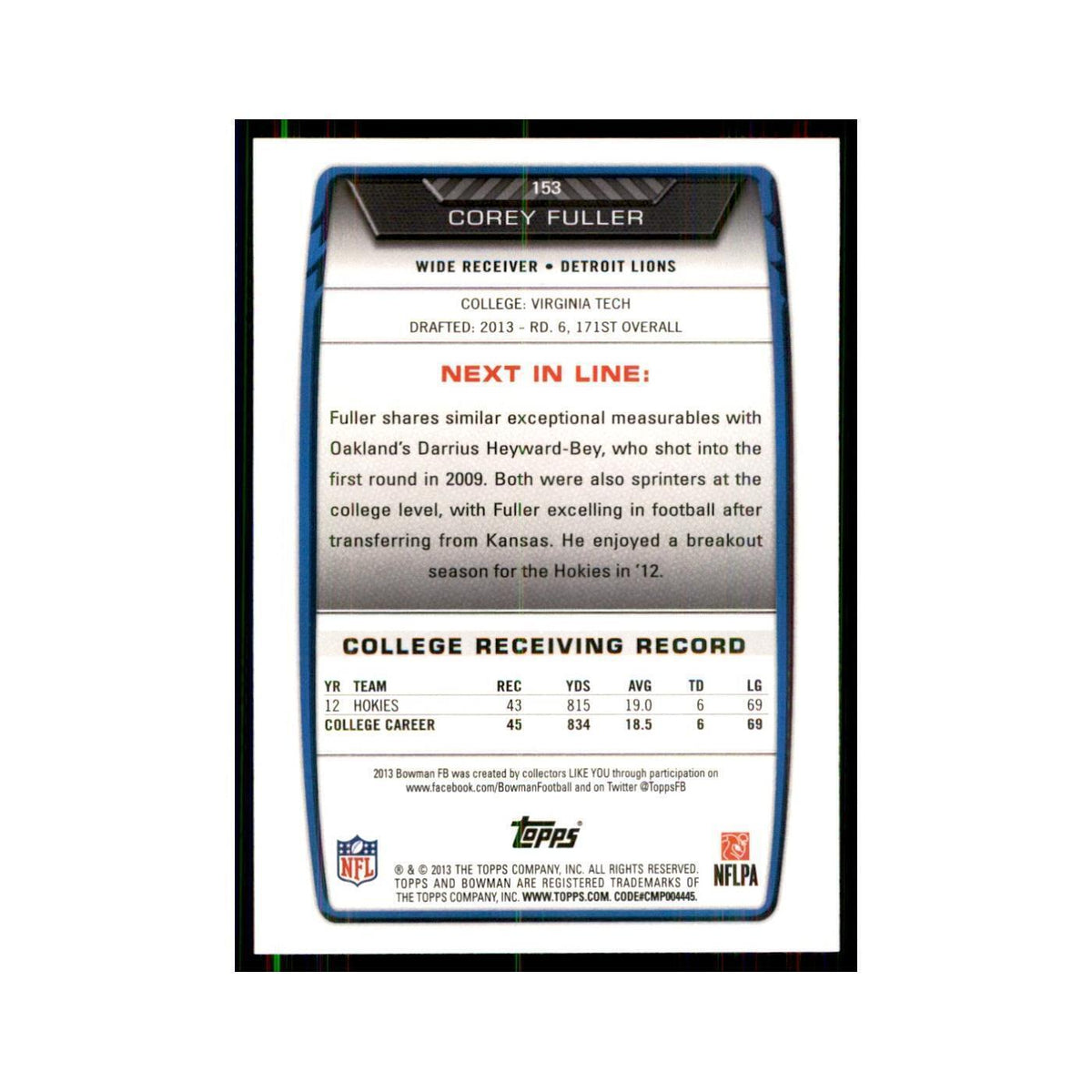 2013 Bowman Corey Fuller RC Football Cards #153