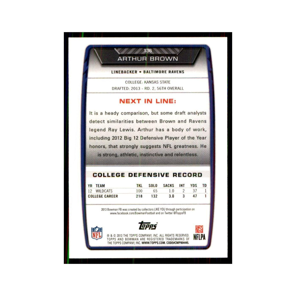2013 Bowman Arthur Brown RC Football Cards #136