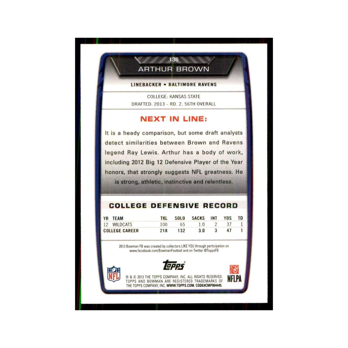 2013 Bowman Arthur Brown RC Football Cards #136
