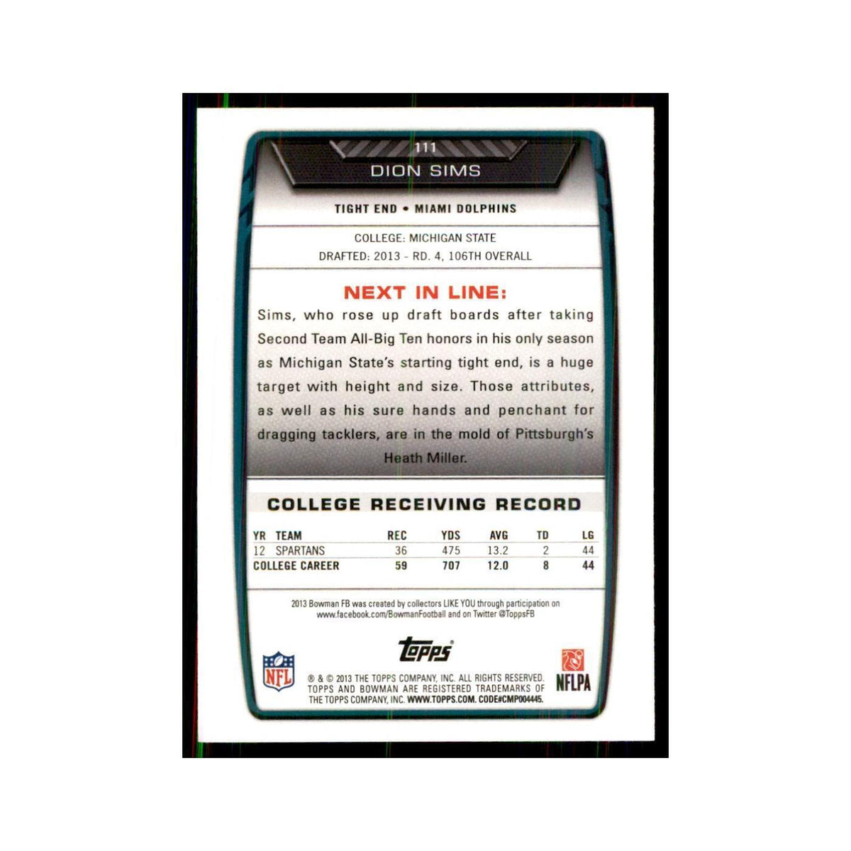 2013 Bowman Dion Sims RC Football Cards #111