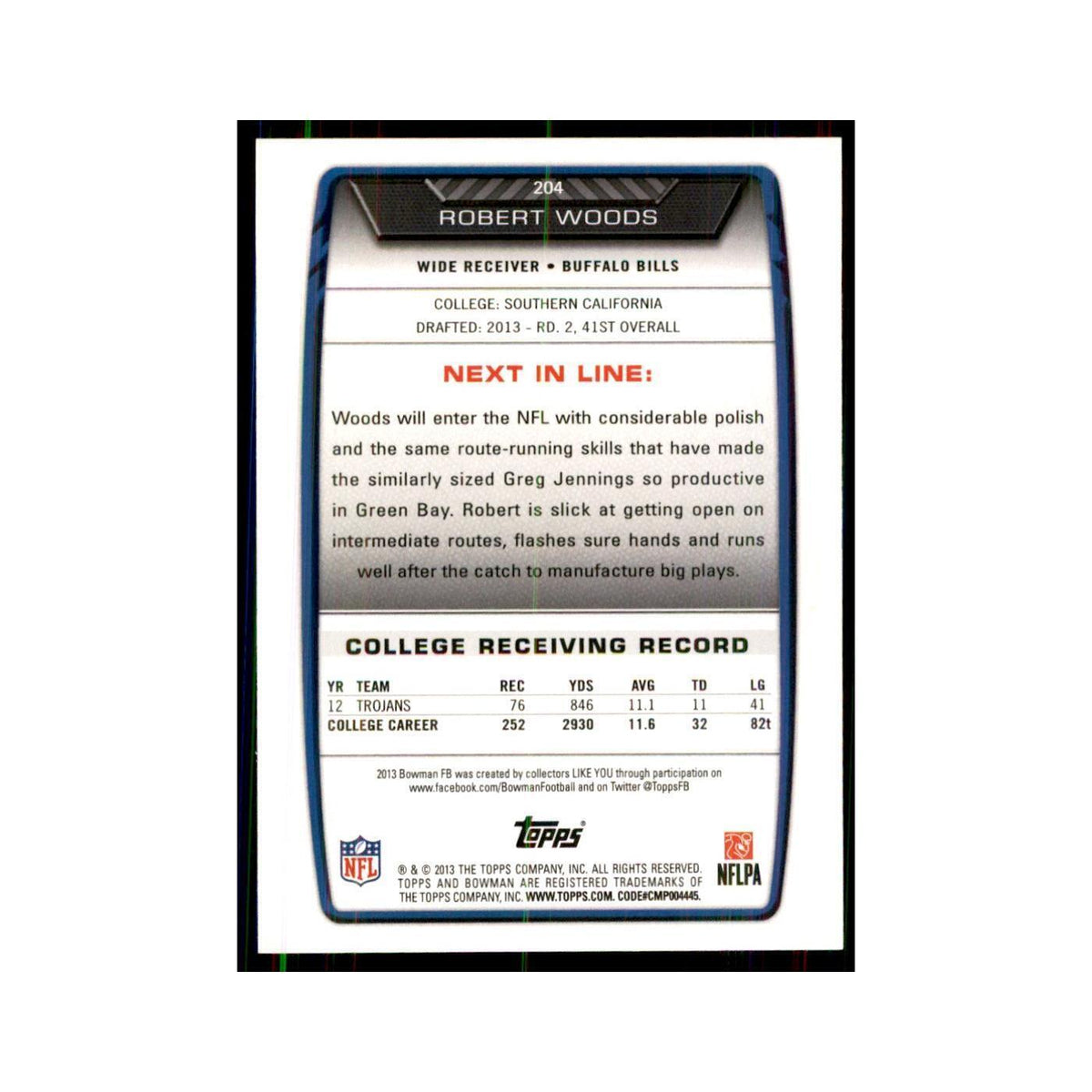 2013 Bowman Robert Woods RC Football Cards #204