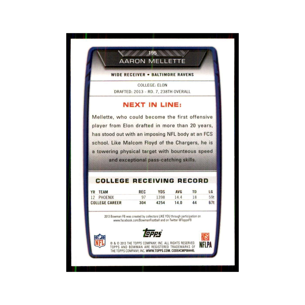 2013 Bowman Aaron Mellette RC Football Cards #195