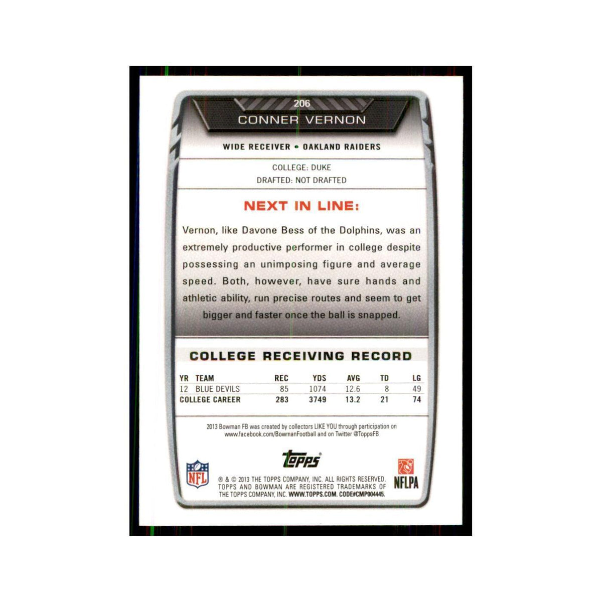 2013 Bowman Conner Vernon RC Football Cards #206