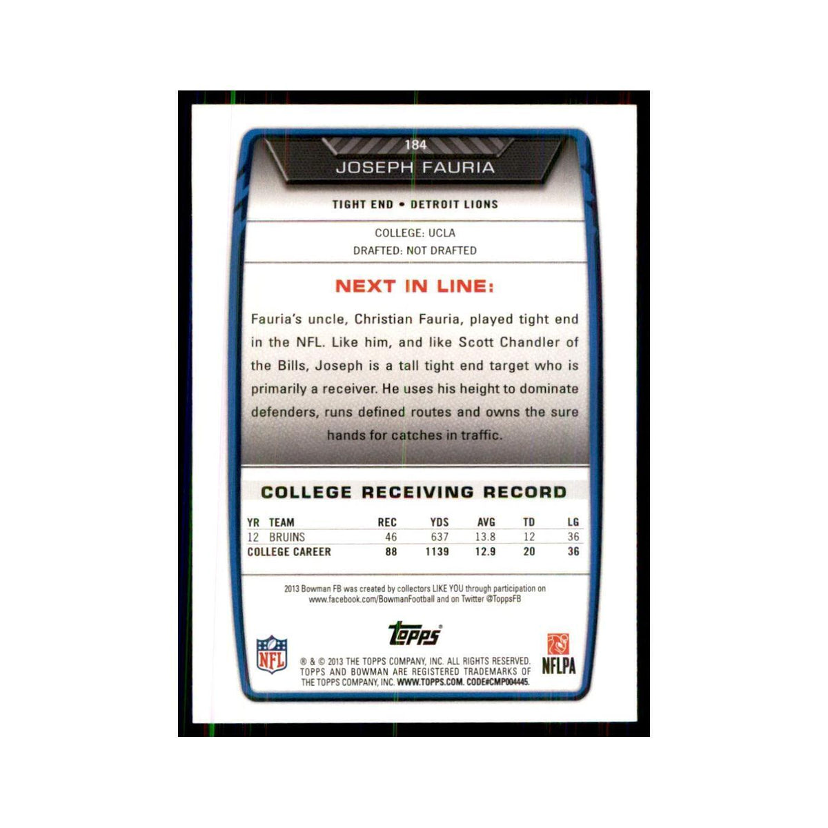 2013 Bowman Joseph Fauria RC Football Cards #184