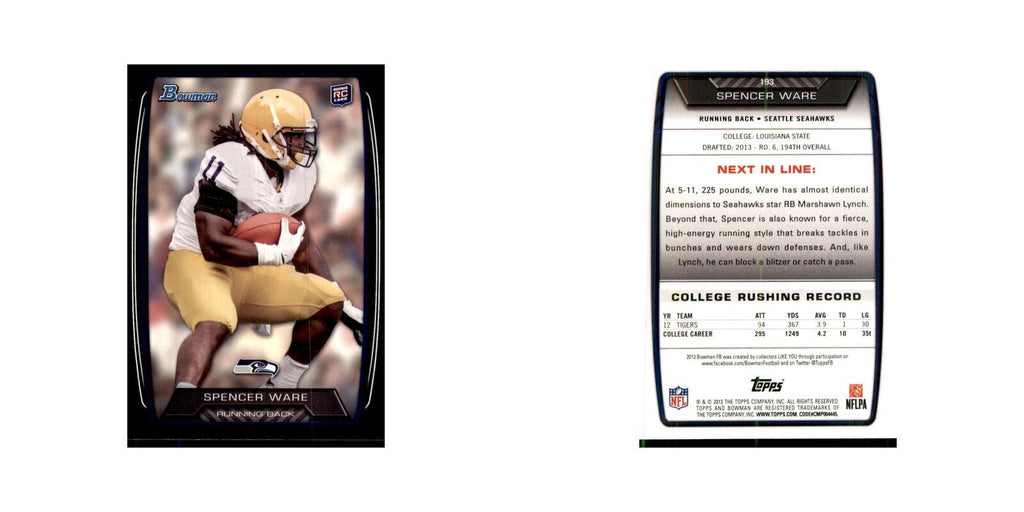 2013 Bowman Spencer Ware RC Football Cards #193