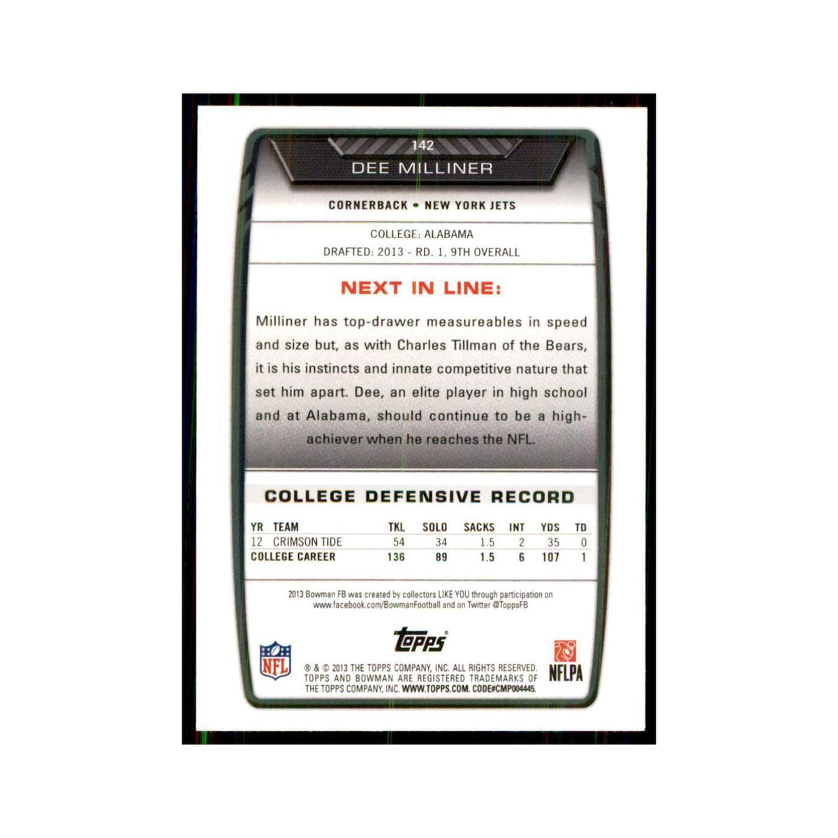 2013 Bowman Dee Milliner RC Football Cards #142