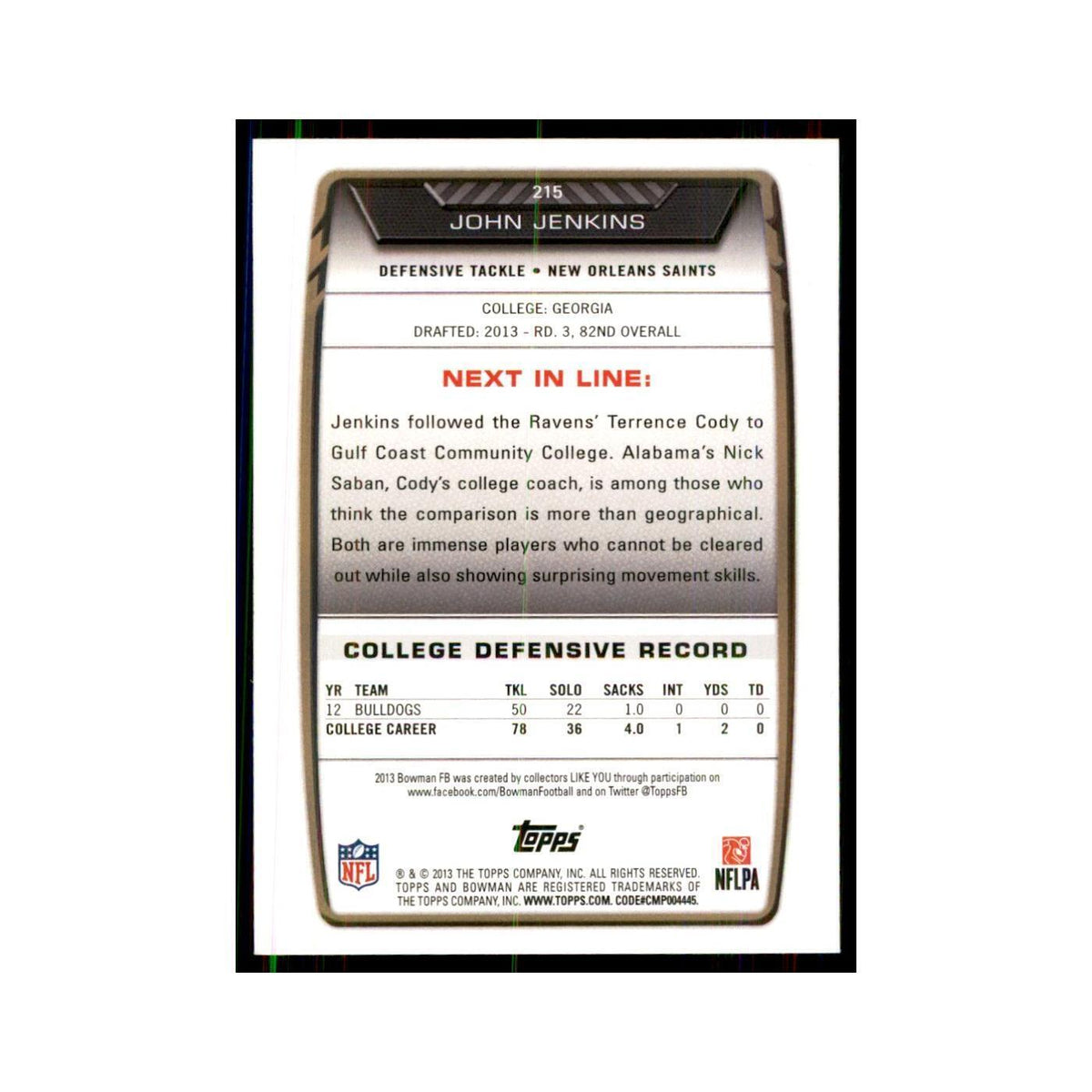 2013 Bowman John Jenkins RC Football Cards #215