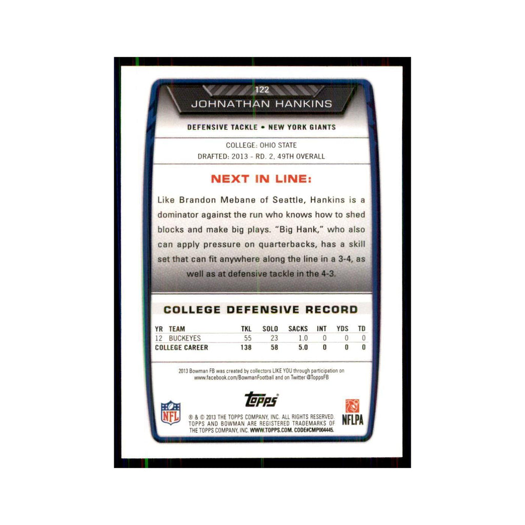 2013 Bowman Johnathan Hankins RC Football Cards #122