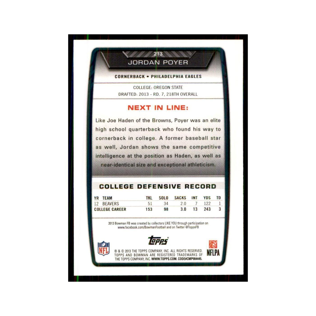 2013 Bowman Jordan Poyer RC Football Cards #213