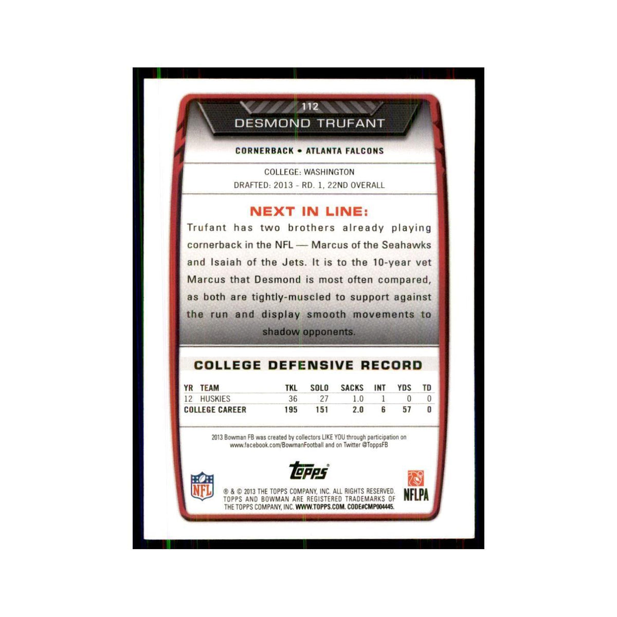 2013 Bowman Desmond Trufant RC Football Cards #112