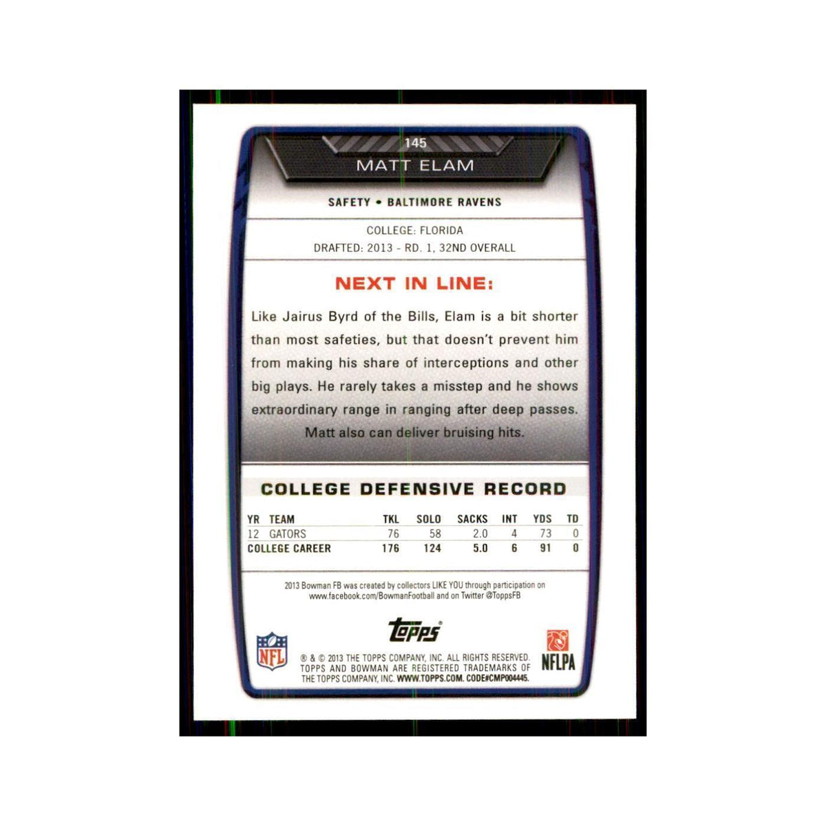 2013 Bowman Matt Elam RC Football Cards #145