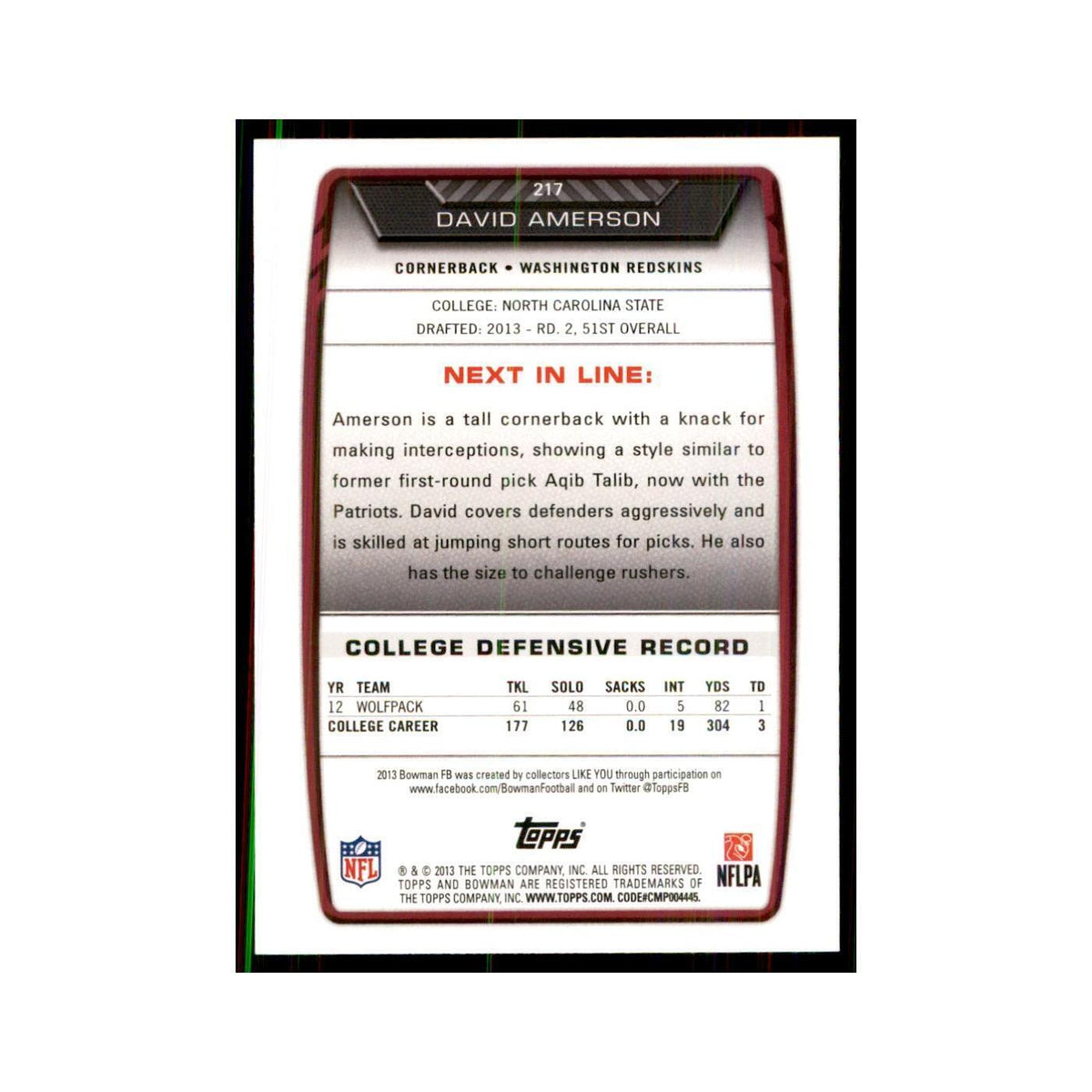 2013 Bowman David Amerson RC Football Cards #217