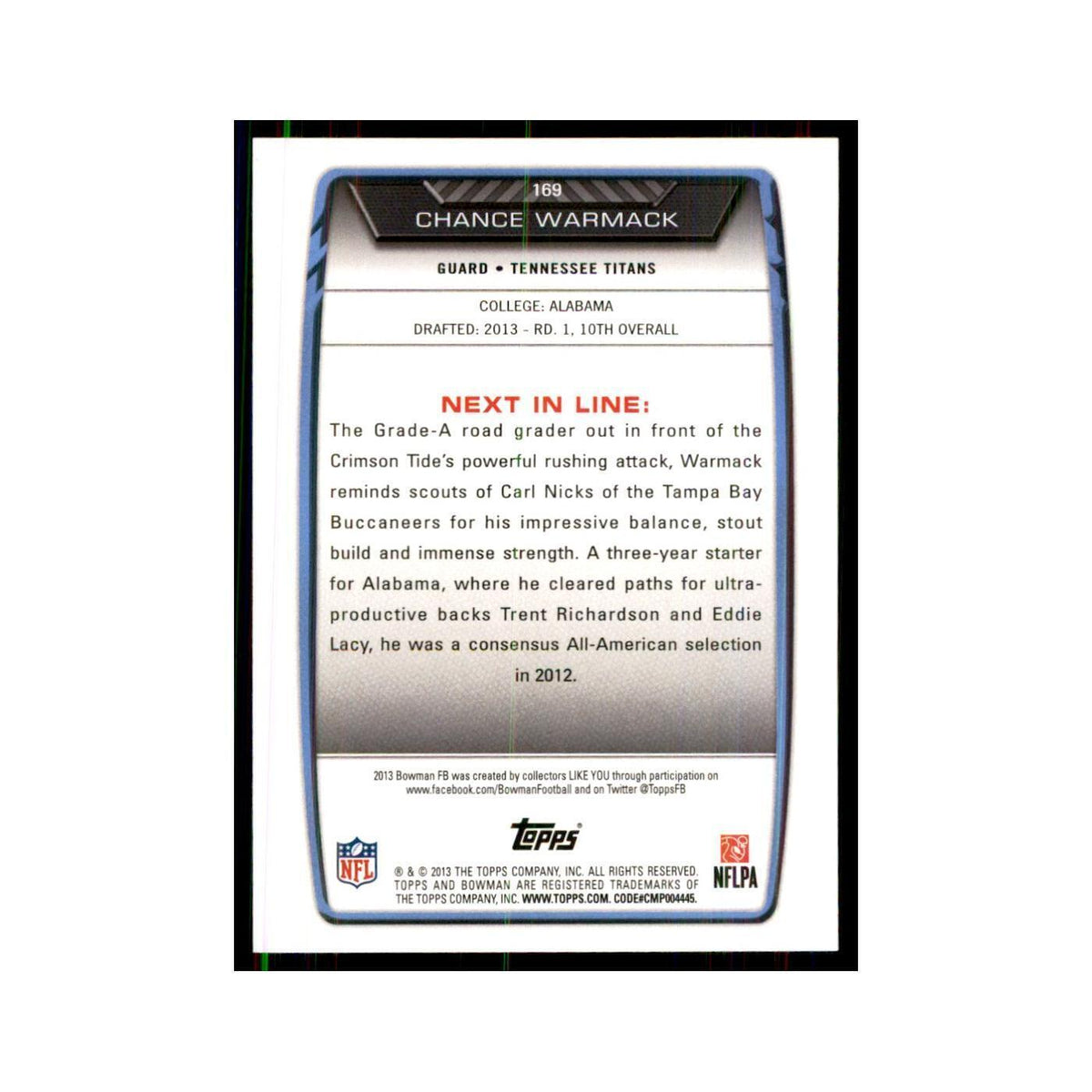 2013 Bowman Chance Warmack RC Football Cards #169
