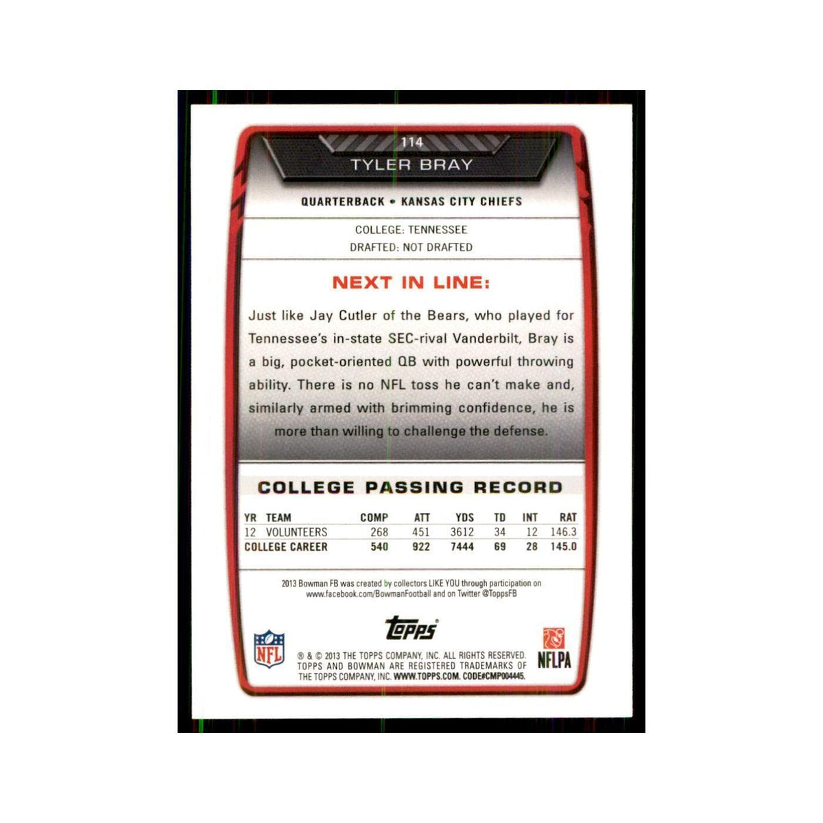 2013 Bowman Tyler Bray RC Football Cards #114