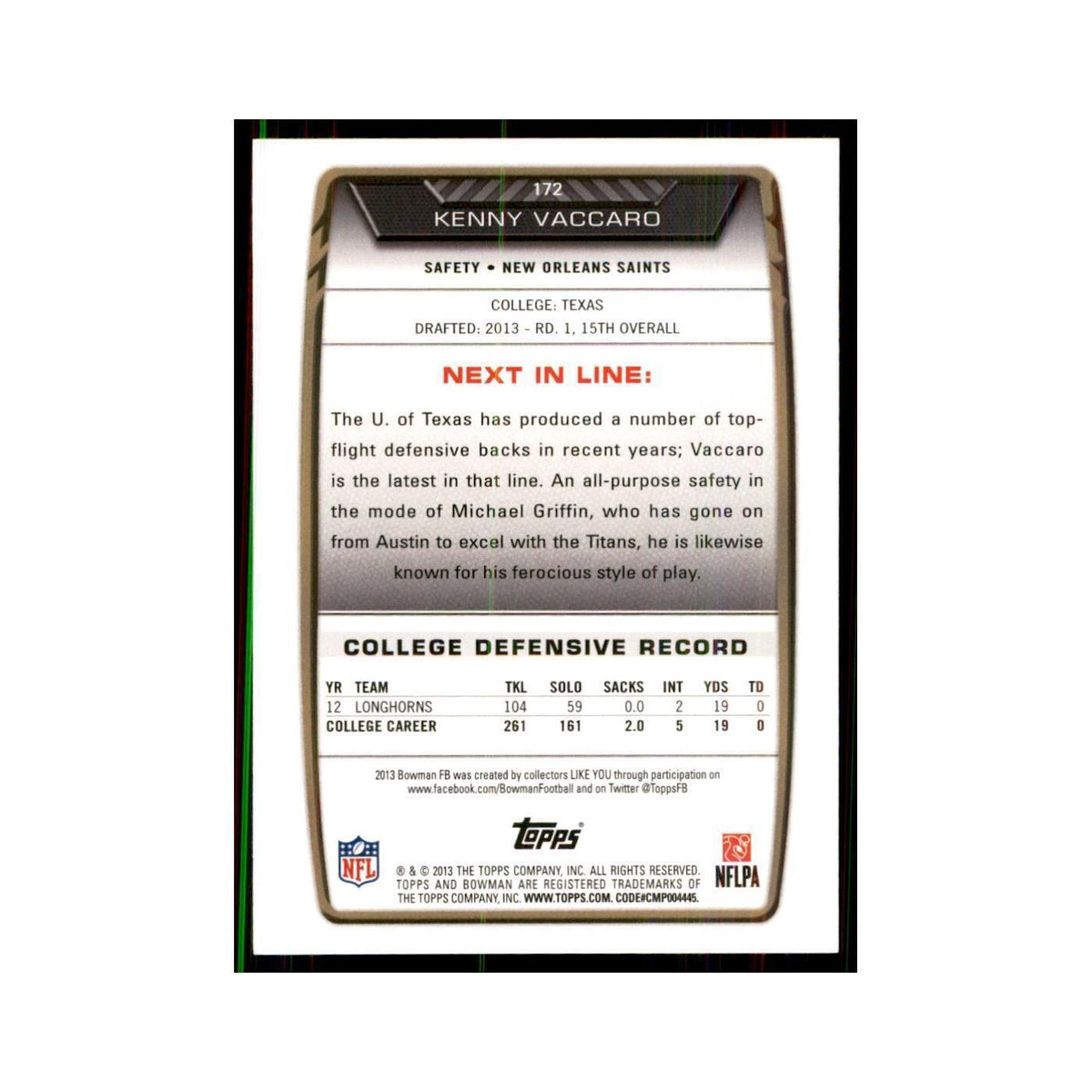 2013 Bowman Kenny Vaccaro RC Football Cards #172