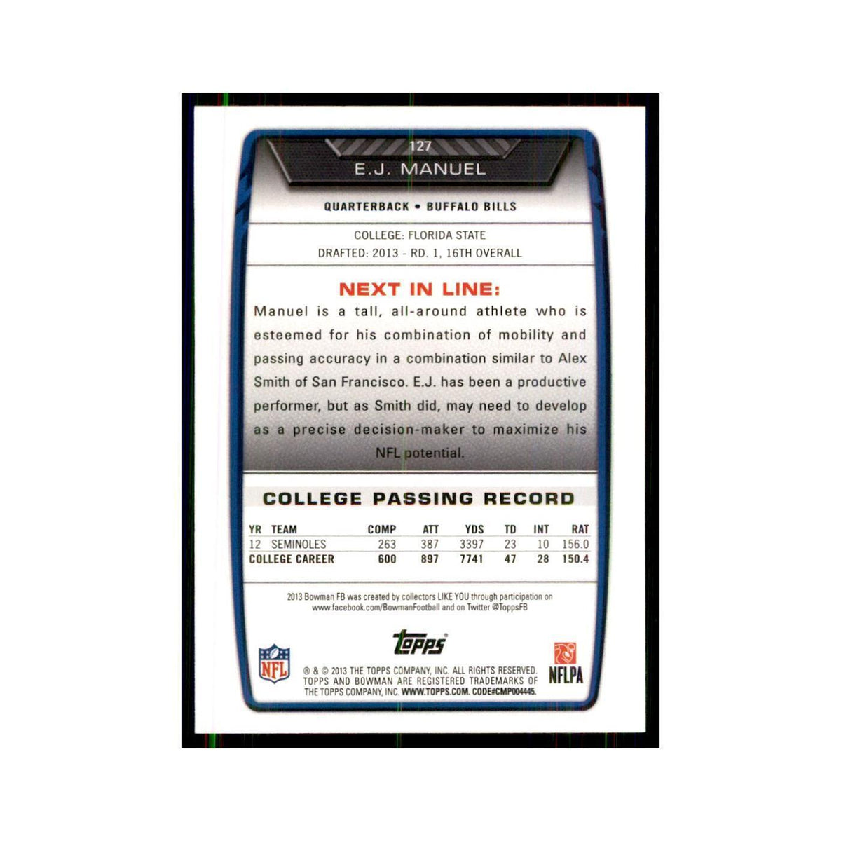 2013 Bowman EJ Manuel RC Football Cards #127