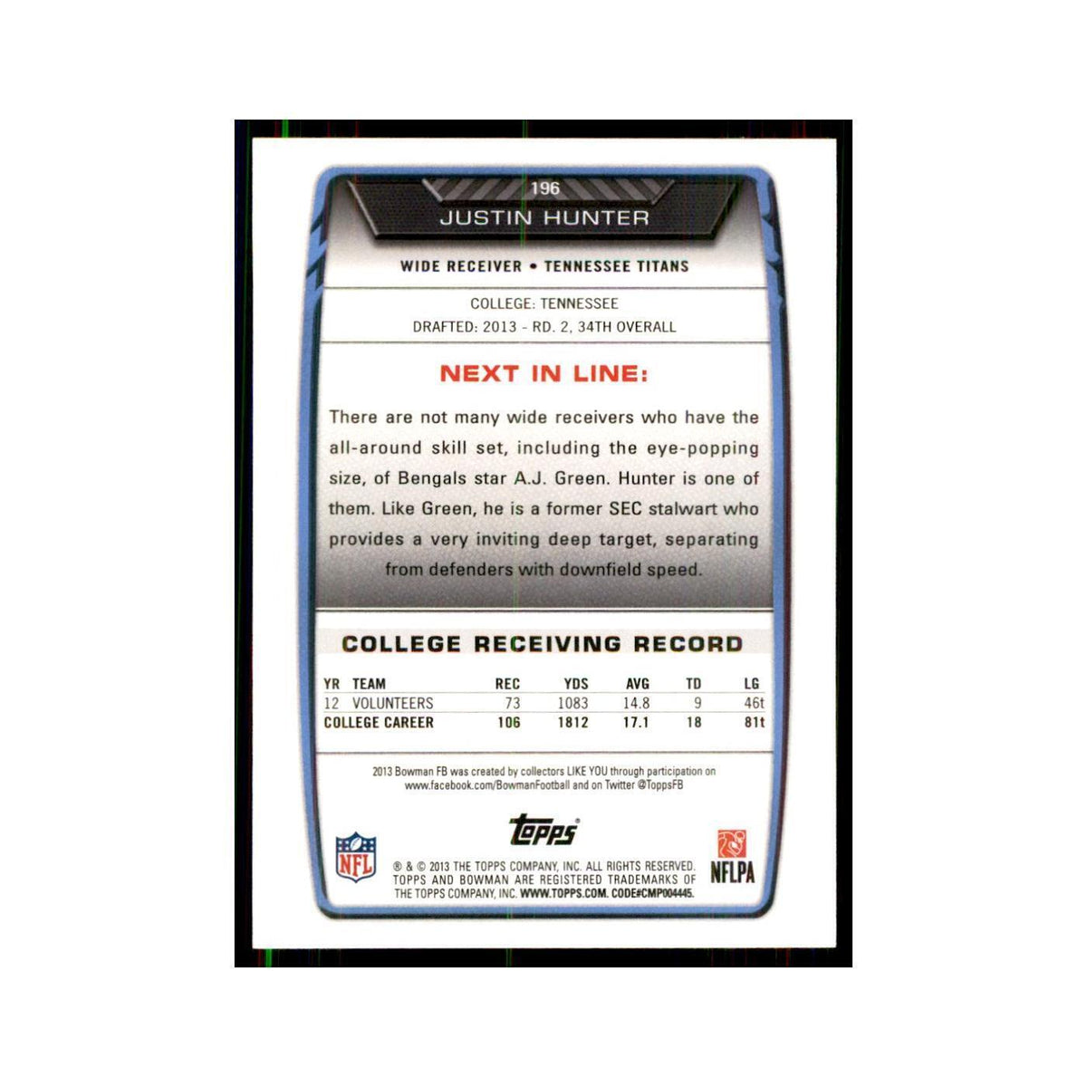2013 Bowman Justin Hunter RC Football Cards #196