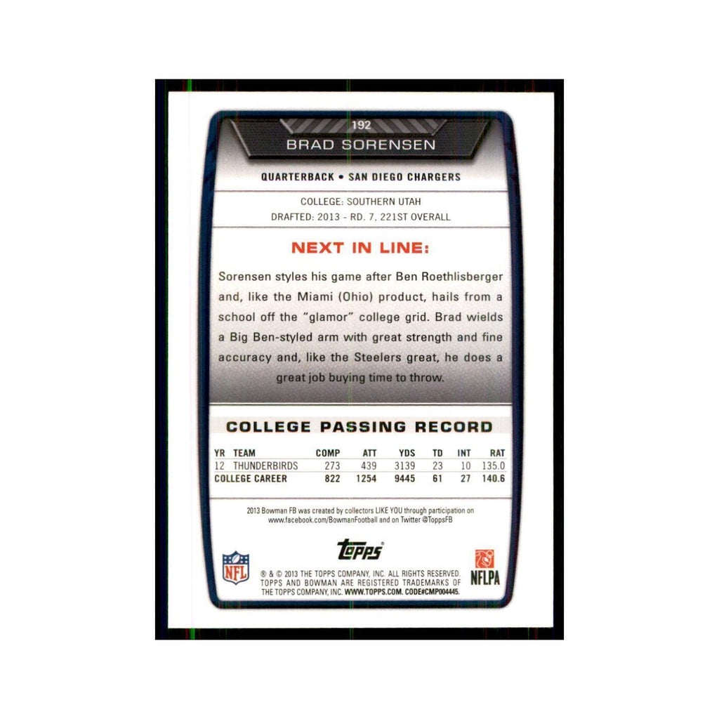 2013 Bowman Brad Sorensen RC Football Cards #192