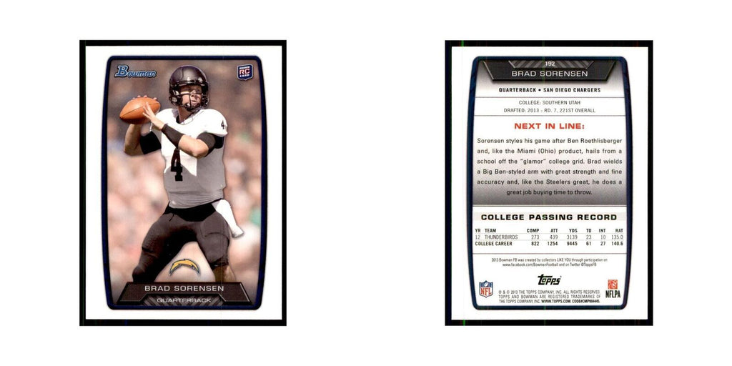 2013 Bowman Brad Sorensen RC Football Cards #192