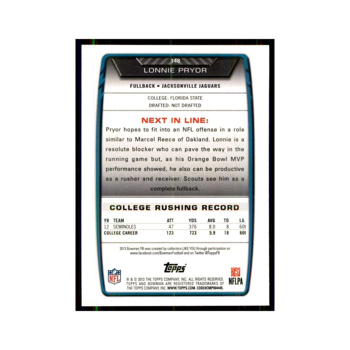 2013 Bowman Lonnie Pryor RC Football Cards #148