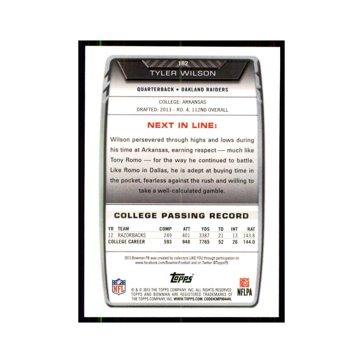 2013 Bowman Tyler Wilson RC Football Cards #182