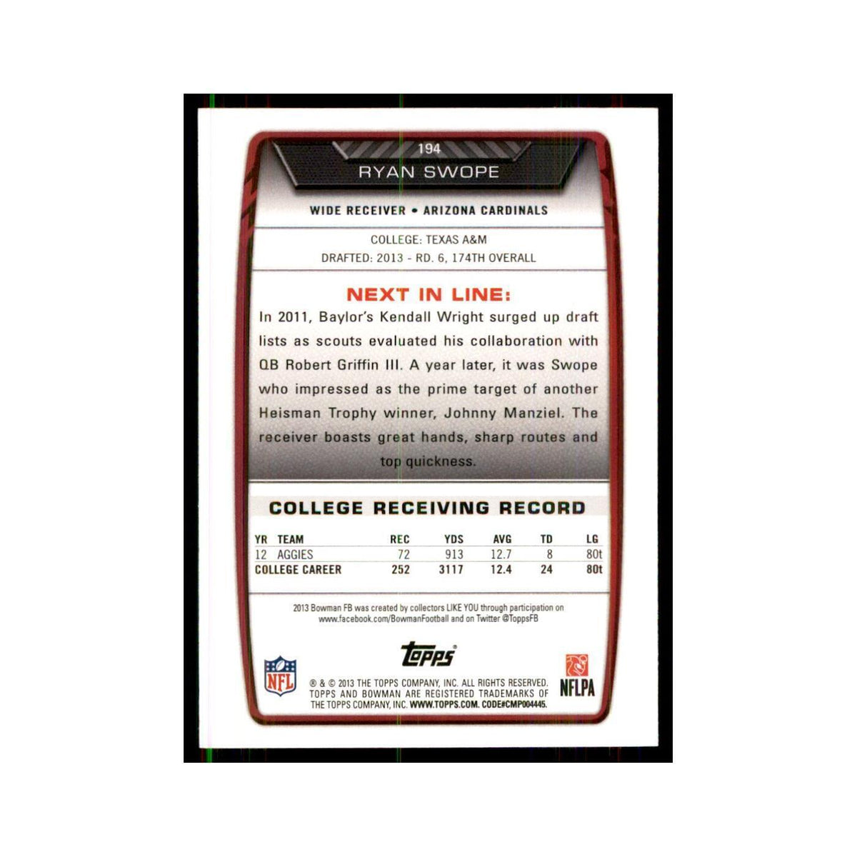 2013 Bowman Ryan Swope RC Football Cards #194